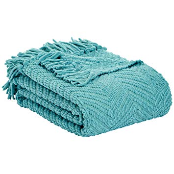 AmazonBasics Chunky Knitted Fringed Blanket - Teal, 60" x 80"