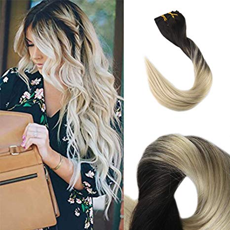 Full Shine 22" 10 Pcs 120gram Color #1B Dark Brown Fading to Color #613 Balayage Ombre Hair Extensions Human Hair Clip in Hair Extensions Remy Human Hair Balayage Clip in Extensions