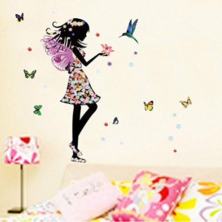 Alrens_DIY(TM)Angel Wings Beautiful Girl Flowers Butterfly DIY Wall Stickers Removable Home Decoration Living Room Bedroom Girl's Room Decor Décor adesivo de parede Self Adhesive Creative Art Mural Decorative Decal (Multi-color)
