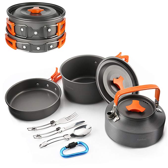 Camping Cookware 1-5 People,Outdoor Cooking Pots Equipment Stainless Hiking Cookware Kit Non stick Teapot and Pans Lightweight with Mesh Set Bag for Backpacking,Hiking, Picnic