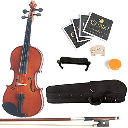 Mendini 4/4 MV200 Solid Wood Natural Varnish Violin with Hard Case, Shoulder Rest, Bow, Rosin and Extra Strings (Full Size)
