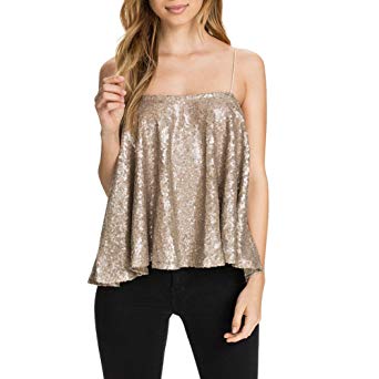 HaoDuoYi Womens Sparkly Sequin Spaghetti Strap Party Club Top Shirt
