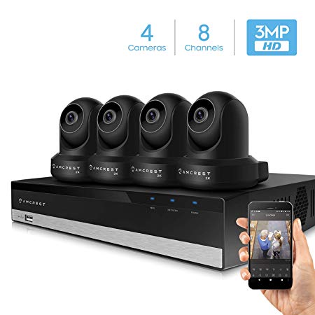 Amcrest 3MP Security Camera System w/ 4K 8CH NVR, (4) x 3-Megapixel Dome WiFi IP Cameras, Pan/Tilt Surveillance, Dualband 5ghz / 2.4ghz, Two-Way Audio, NV2108-IP3M-941B4 (Black)