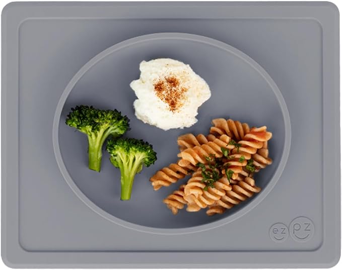 ezpz Tiny Plate - 100% Silicone Suction Plate with Built-in Placemat for First Foods + Baby Led Weaning - Fits on Most Highchair Trays - 6 Months+ (Gray)