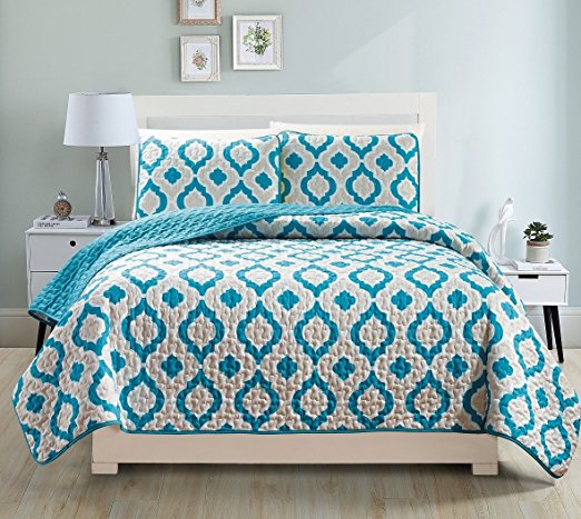 Fancy Collection 3pc Bedspread Bed Cover Revirsable Beige White Turqouise/Teal New#68 (King)