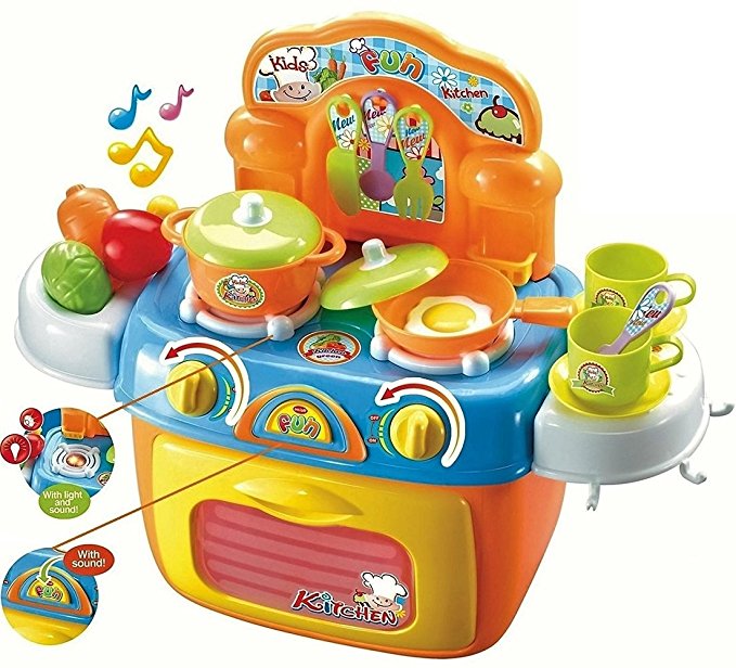 FUNERICA Compact Toy Kitchen Set - Stove Top and Oven with Lights and Sounds - Play Food - Toy Pots - Play Kitchen Utensils - A Quality Small Toddler Toy Kitchen Playset