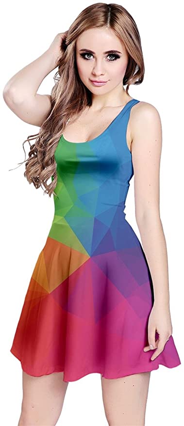 CowCow Womens Colorful Vector Abstract Geometrical Polygonal Iridescent Gem Pattern Sleeveless Dress, XS-5XL
