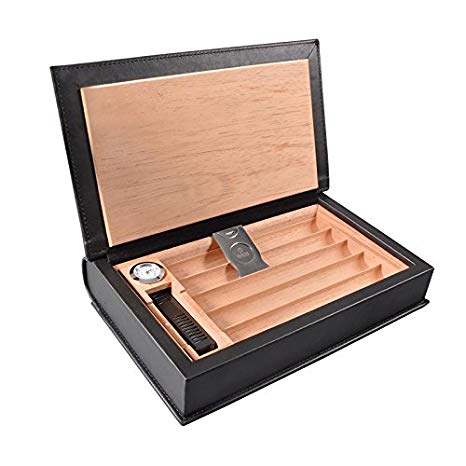 Volenx Cigar Humidor, Black Leather Travel Humidor Cedar Wood Box with Hygrometer & Humidifier Holds 5-10 Cigars