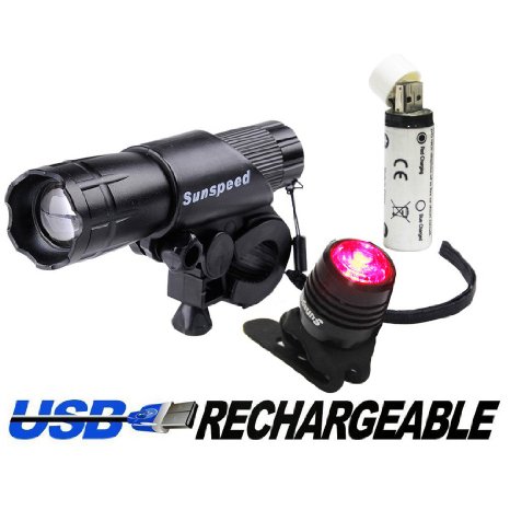 Sunspeed Waterproof Rechargeable LED Bike Light Set - LED Bright Headlight for Front and Tail Safety Light for Back of Bikes Easy to Mount No Tools Needed For Road Racing and Mountain Bicycles - 18650 Batteries Included - 100 No-hassle Replacement Guarantee