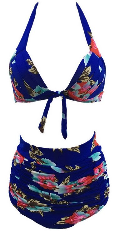 Aivtalk Womens Vintage Halter Floral Pattern Swimsuit Bikini Set-Blue
