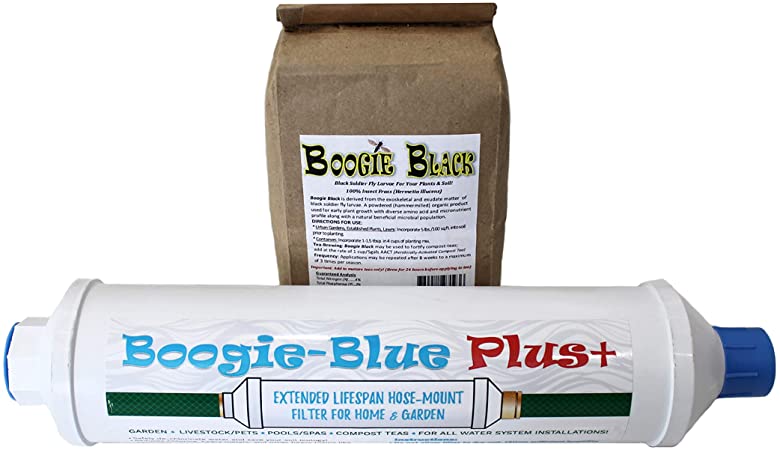 New 2018 Design - Boogie Blue PLUS High Capacity Water Filter for garden, RV and outdoor use -Removes Chlorine, Chloramines, VOCs, Pesticides/Herbicides BUNDLE With Boogie Black Fly Soldier Larvae 1lb