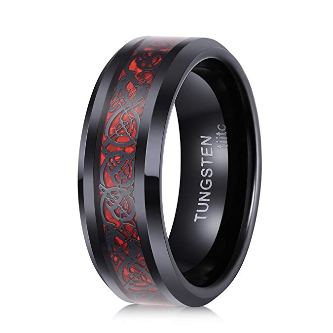 tiitc Tungsten Rings for Men Wedding Band Ring Red Carbon Fiber Black Celtic Dragon Inlay Comfort Fit 8mm