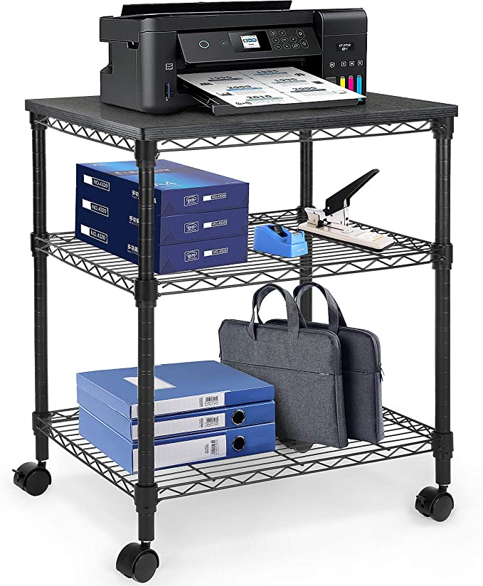 HUANUO Printer Stand - 3 Tier Printer Cart for Storage, Holds up to 200 lbs, Multifunctional Metal Utility Shelves, Workspace Desk Organizer, Rolling Cart for Home & Office Use