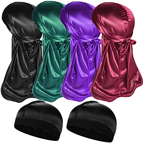 8PCS Silky Durags with 4 Wave Cap Pack for Men Waves, Satin Doo Rag