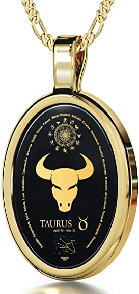 Taurus Necklace Zodiac Pendant for Birthdays 20th April to 20th May with Star Sign Constellation and Personality Characteristics Inscribed in 24k Gold on Oval Black Onyx Gemstone, 18" Chain