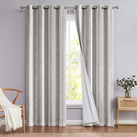 WEST Lake Full Blackout Curtain Panels Grey White Vertical Stripe Window Treatment Set Grommets Thermal Insulated Noise Reducing 100% Blackout Drapes for Living Room, Bedroom,50''x95'',1 Panel, Gray