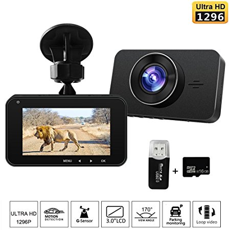 In Car Camera Dash Cam Full HD 1296P with Sony 323 Sensor 170 Wide Angle Night Vision Shockproof Dashboard Video Recorder Camera Built In WDR Loop Recording G-Sensor Included 16GB SD Card and Car Charger (G6)