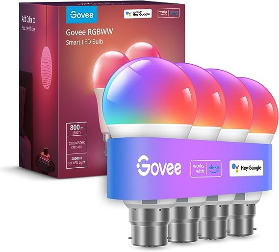 Govee RGBWW Smart Light Bulbs, Colour Changing LED Bulbs with Music Sync, 54 Dynamic Scenes 16 Million DIY WiFi & Bluetooth LED Bulbs Work with Alexa, Google Assistant & Govee Home App, 4 Packs