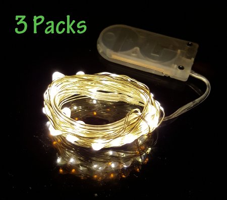 3 Packs Zzmart 14ft 40 LEDs Flexible Copper Wire LED String Lights CR2032 Battery Powered, Holiday Home Decorative LED Lights (Warm White)