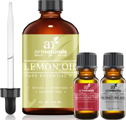 Art Naturals® Lemon Essential Oil 4.0 oz 3pc Set - Includes Our Aromatherapy Signature Zen & Chi Blends 10ml Each Therapeutic Grade 100% Pure & Natural