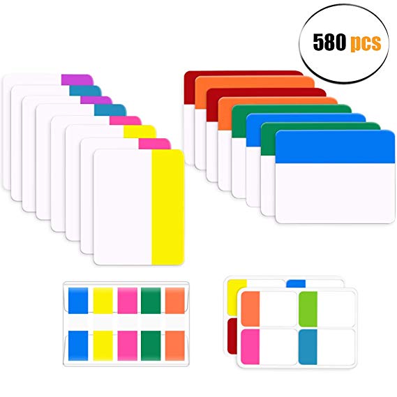 Sunvito 580 Pieces Sticky Index Tabs, Writable and Repositionable Neon Index Tabs for Book Markers, Reading Notes, Classify Files(11 Sets 3 Sizes)