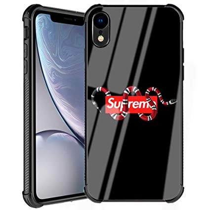 iPhone XR Case, Fashion Snake with Super Pattern Slim Fit Luxury Tempered Glass Glossy Black Cover with Soft Silicone TPU Shockproof Bumper Case Compatible for Apple iPhone XR 6.1''