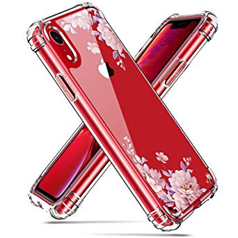 iPhone XR Case, Hocase Drop Protection Shock Resistant Clear Hard Back Reinforced TPU Rubber Corners Slim Fit Hybrid Protective Case Cover for iPhone XR 6.1-inch 2018 - Rose Gold Flowers