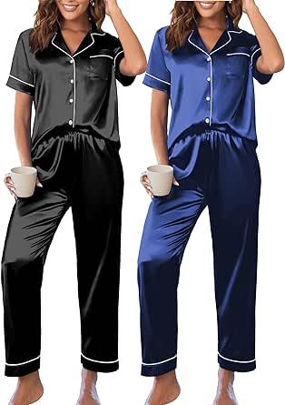 Ekouaer 4 Piece Satin Pajamas Set Womens Button Down Nightwear Short Sleeve Silk Sleepwear Soft Pj Lounge Sets Black Blue Small