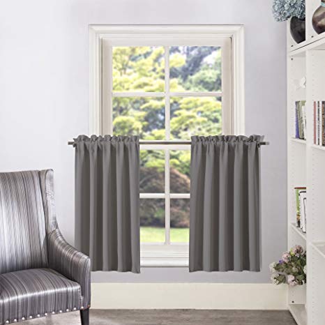 Aquazolax Half Window Blackout Curtain Tiers/Valance Rod Pocket Tailored Tier/Valance/Cafe Curtains, 2 Panels, W28 x L36 Inches, Grey