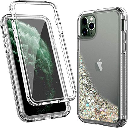 ACKETBOX iPhone 11 Pro Max Case with Built-in Screen Protector Bling Flowing Liquid Floating Sparkle Colorful Glitter Waterfall TPU Protective Phone Case for iPhone 11 Pro Max 6.5 inch 2019(Silvery)