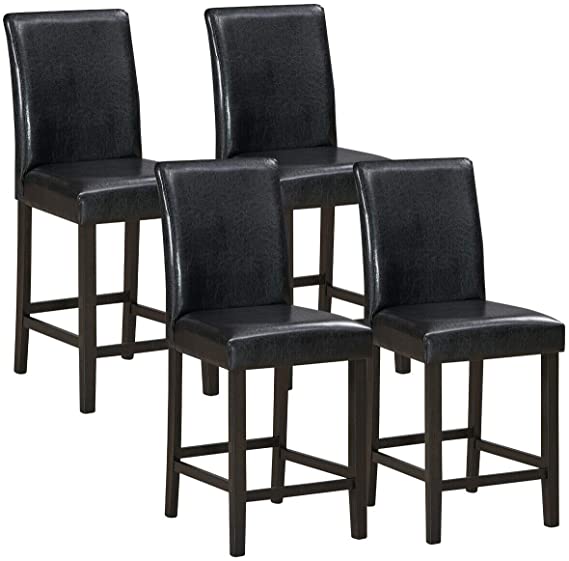 COSTWAY Barstools Set of 4, 25 inch Wooden Vintage Bar Chairs, Counter Stools w/ Upholstered Foam Cushion & Solid Rubber Wood Legs, Classical Indoor Furniture for Bistro, Kitchen and Coffee House (4)