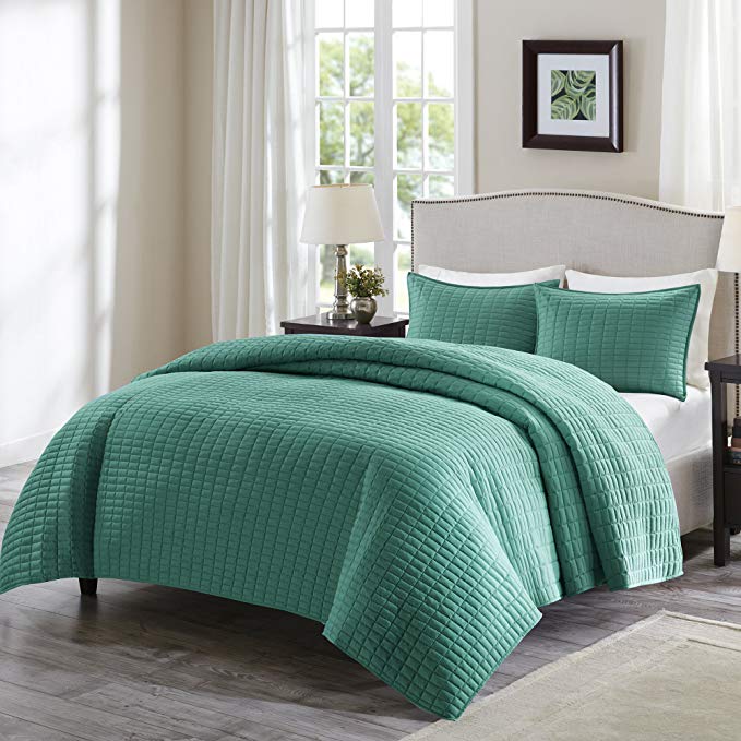 Comfort Spaces - Kienna Quilt Mini Set - 3 Piece - Teal - Stitched Quilt Pattern - Full/Queen Size, Includes 1 Quilt, 2 Shams