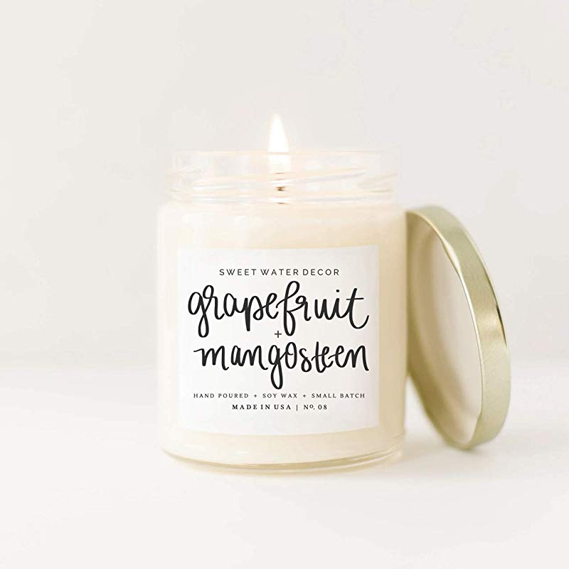 Grapefruit and Mangosteen Natural Soy Wax Candle Glass Jar Scented Tangerine Pineapple Apple Peach Berry Fruit Essential Oil Summer Scent Lead Free Cotton Wick Rustic Modern Farmhouse Made in USA