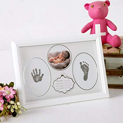 Baby Handprint Kit & Footprint Photo Frame for Newborn Girls and Boys, Handprint and Footprint Ink Pads, Keepsake Gift Box Decorations for Room Wall, Best Birthday or Christmas Gift for Baby (White)