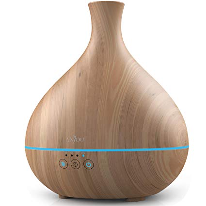 Essential Oil Diffuser, Anjou 500ml Wood Grain Diffusers Mist Aromatherapy Humidifier with Auto Shut-Off Timer Adjustable Mist 7 Color Changing Night (Light Brown)