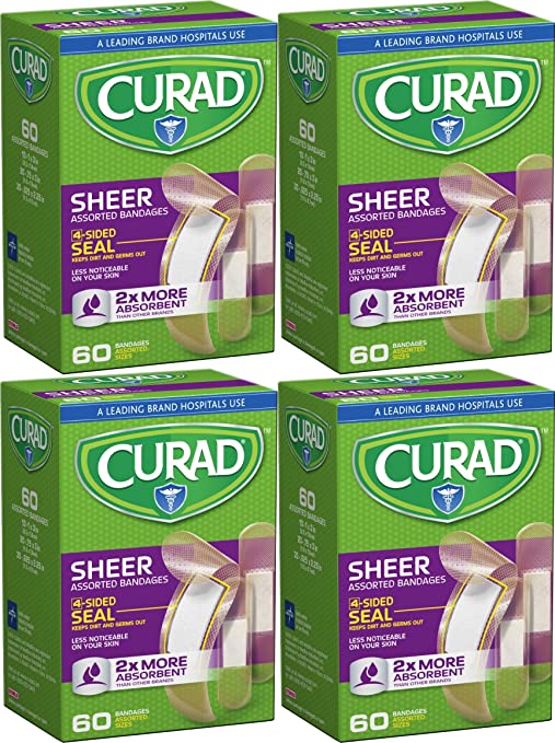 Curad Sheer Bandages, Assorted Sizes, 4 Packs of 60, 240 Count Total