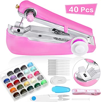 Handheld Sewing Machine Tools Set, Including Mini Sewing Machine 25 Pieces Thread Bobbins 10 Pieces Sewing Needles with Scissors and Tape Ruler for Household Sewing Supplies