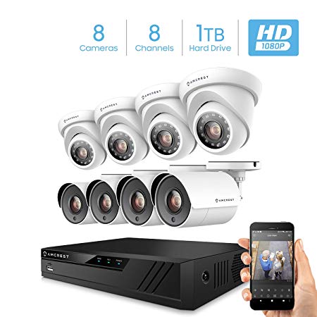 Amcrest ProHD 1080P 8CH Video Home Security Camera System with 8 x 2MP (1920TVL) IP67 Bullet & Dome Outdoor Surveillance Cameras, 98ft Night Vision, Pre-Installed 1TB Hard Drive, (AMDV20M8-4B4D-W)