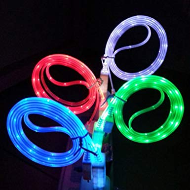 Visible Glow in the Dark LED Light Micro USB Charger Data Sync Cable for HTC Samsung S5 S4 S3 Android (4-Pack (1 of each color))