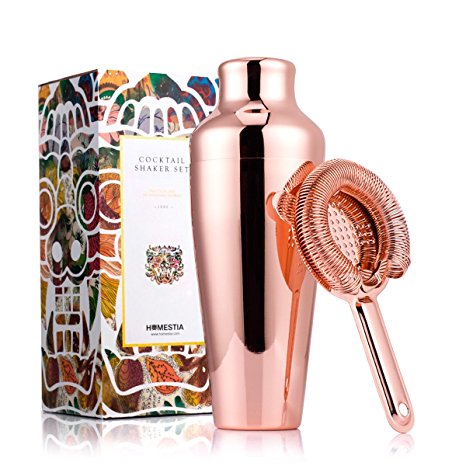 Homestia Rose Golden Stainless Steel French Martini Cocktail Shaker and Strainer Set 18.6oz