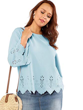 Romwe Women's Plus Size Hollow Out Scallop Hem 3/4 Sleeve Blouse Top