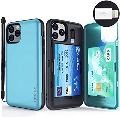 SKINU for iPhone 11 Pro Max Case, with Credit Card Holder ID Slot Case with Wrist Strap Inner USB to 8 Pin Adapter and Mirror for iPhone 11 Pro Max Case 6.5 inch (2019) - Teal