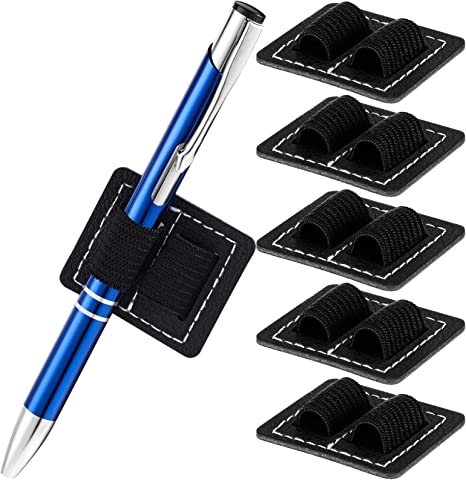 5 Pieces Pen Loops Pencil Loop Holders Rectangle PU Leather Pen Holder for Notebook Self Adhesive Notebook Pen Holder with Double Elastic for Stylus Screens Books Surface Laptop Journal, Black