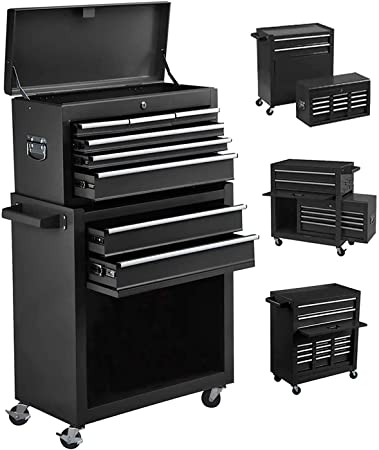 8-Drawer Tool Chest Tool Box,High Capacity Rolling Tool Chest Tool Storage Cabinet with 4 Wheels, 2 in 1 Large Toolbox Tool Organizer with Lockable Drawer for Garage Warehouse Workshop (Big Black)