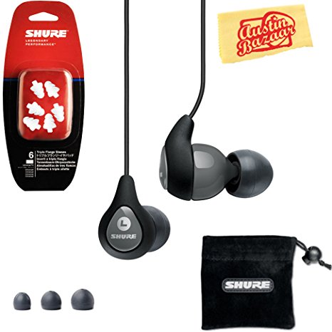 Shure SE112 Sound Isolating Earphones Bundle with Triple Flange Sleeves, Sleeve Fit Kit, Drawstring Pouch, and Austin Bazaar Polishing Cloth