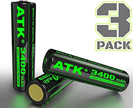 ATK 3.7v 18650 Battery | Built-in PCB Protection Board | 3400 mAh Li-ion Rechargeable Batteries (3-Pack)