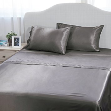 Sheet Set Queen Size Solid Matte Satin Sheets with Deep Pocket Design 4 Piece Grey Silky Soft Shiny-Free Bedding Sets Smooth Wrinkle&Fade Resistant Hypoallergenic Microfiber Bed Sheets by Bedsure