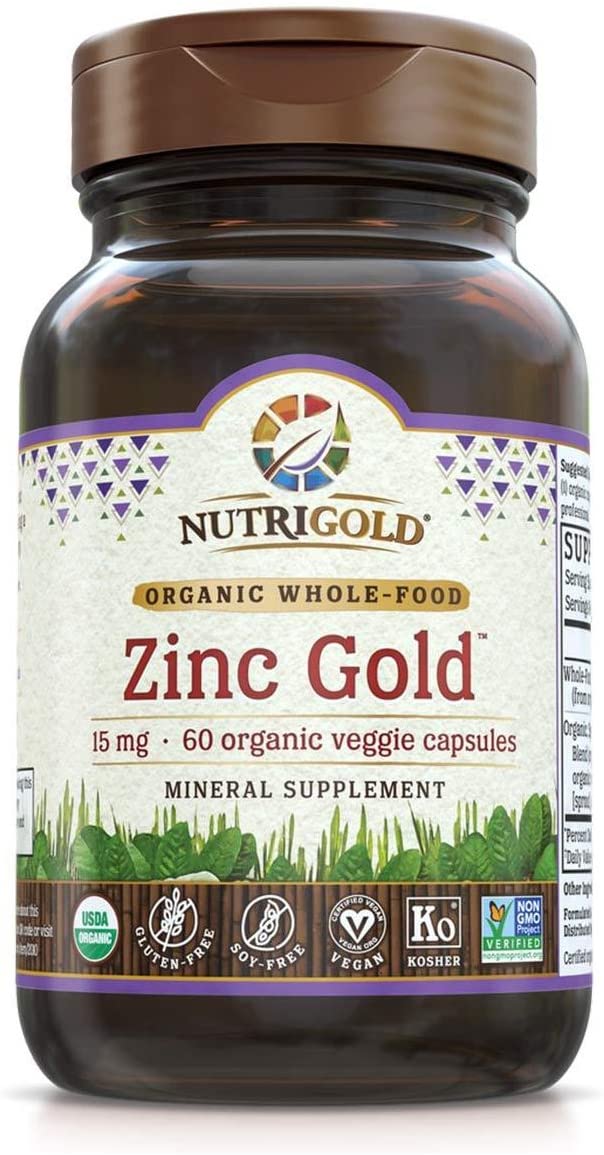 Organic Zinc Supplement - Zinc Gold 15 mg, 60 Veggie Capsules, Whole Food, Non-GMO