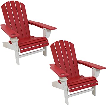 Sunnydaze All-Weather Red/White Outdoor Adirondack Chairs with Drink Holders - Set of 2 - Heavy Duty HDPE Weatherproof Patio Chair - Ideal for Lawn, Garden, and Around The Firepit