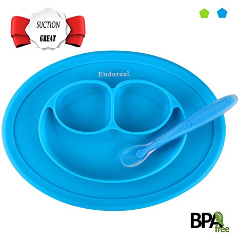 Toddler Plates Baby Silicone Placemat Suction for Feeding Mat Set Non Skid With Spoon by Endureal（Blue）